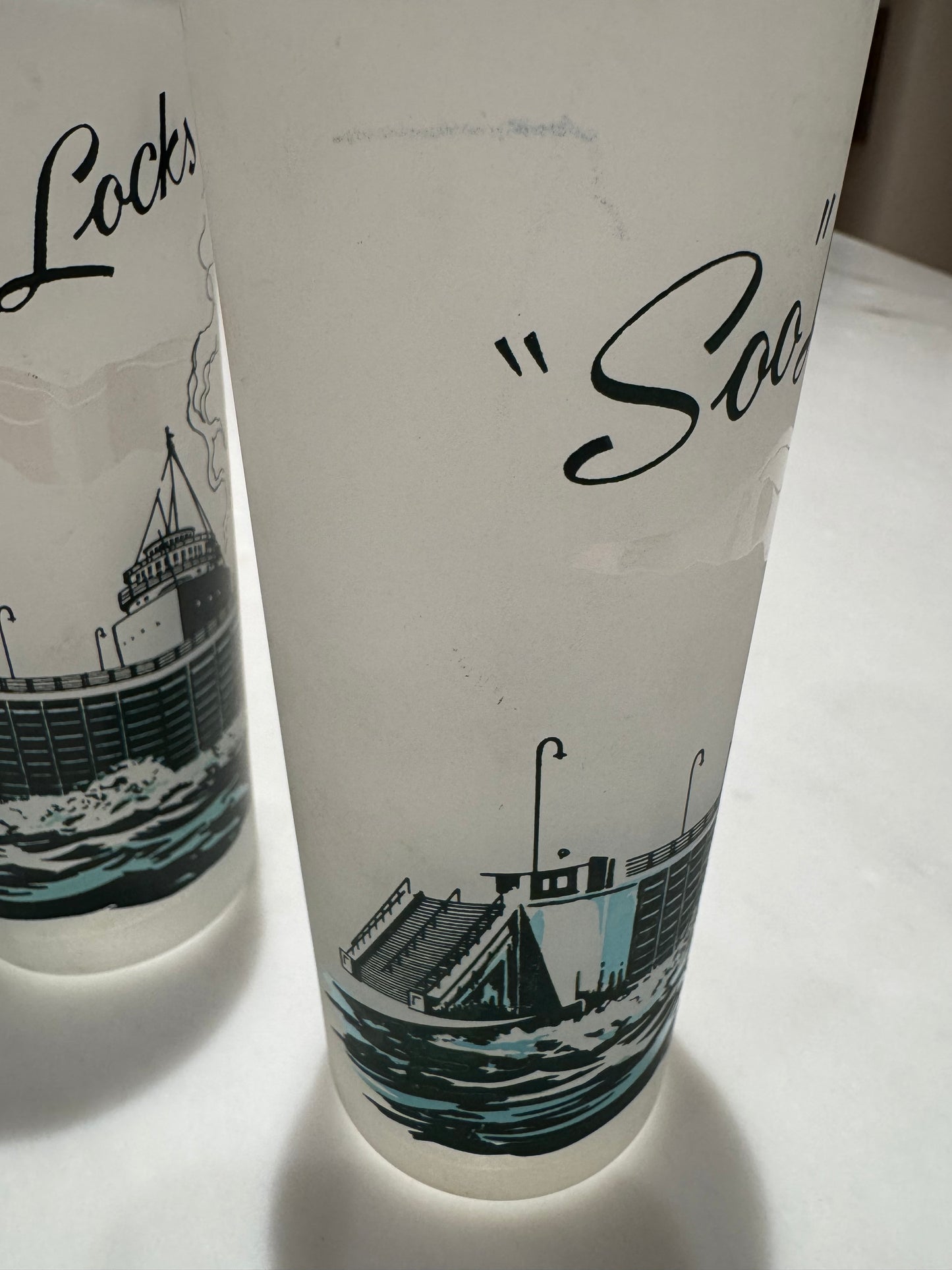 Vintage Souvenir MCM Drinking Glasses - Mackinac Bridge & "Soo" Loch in Michigan