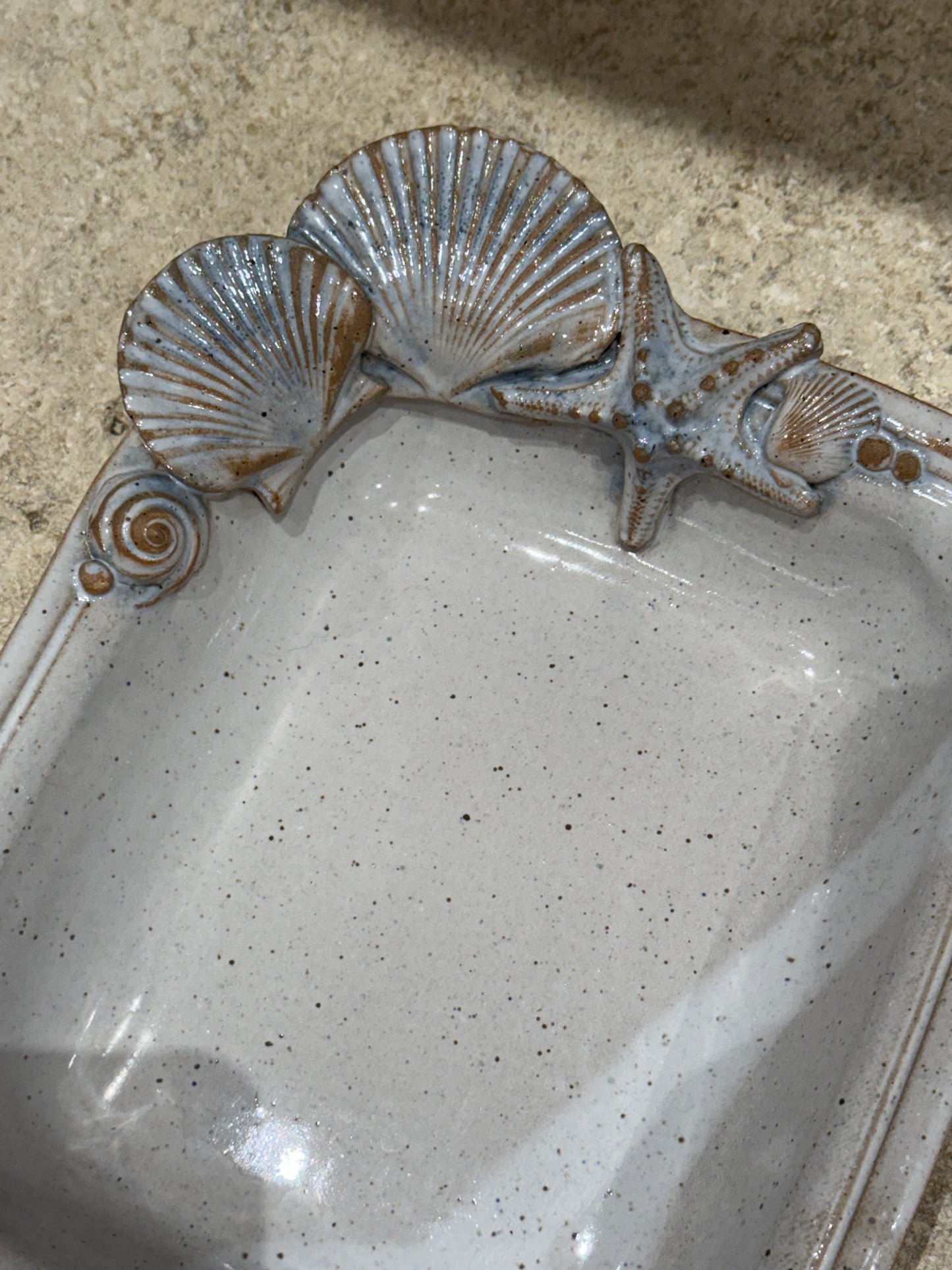 C.W. Meier Signed Rectangle Pottery Serving Dish - 3D Moriage elements Coastal Life