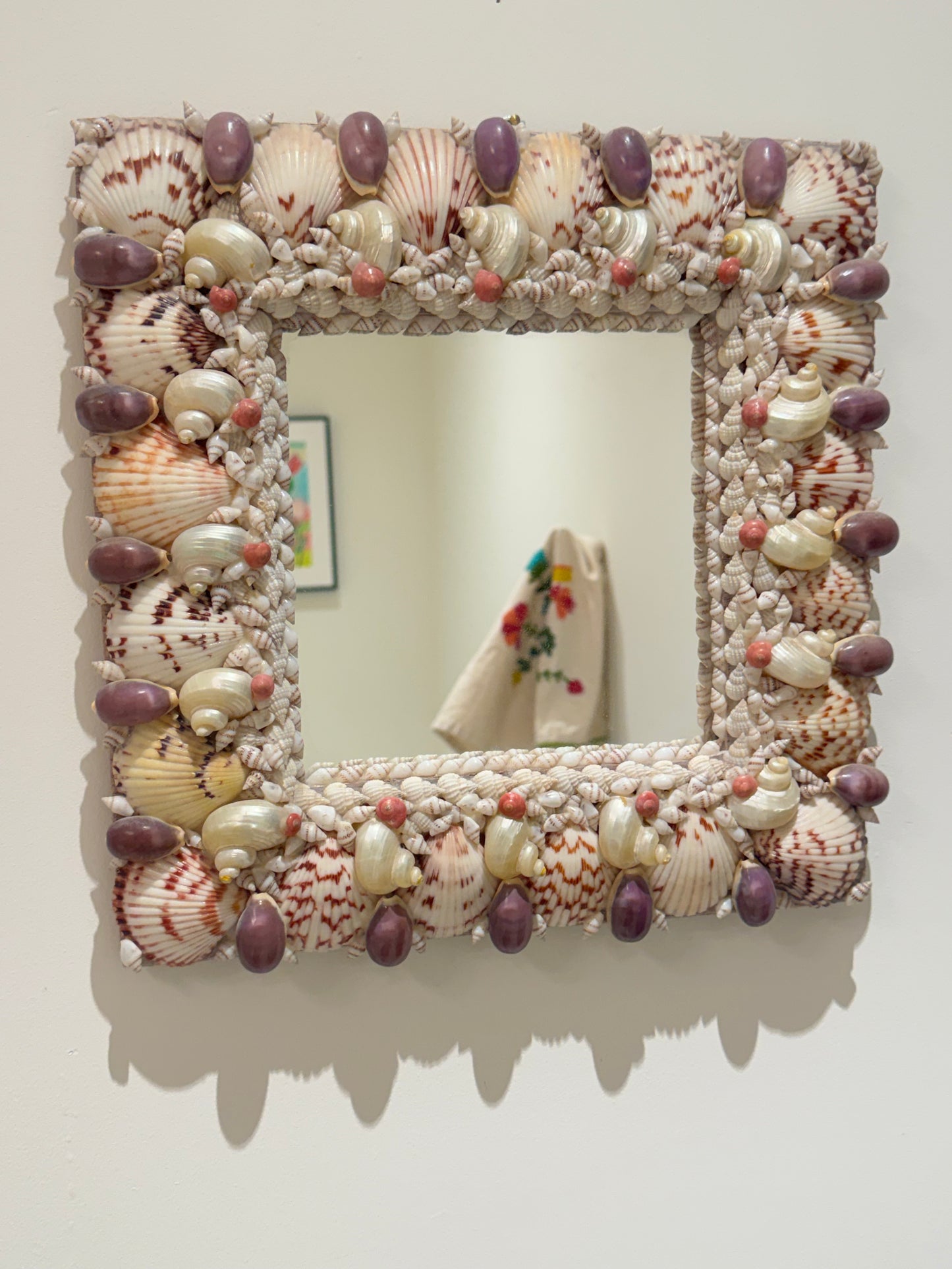 Vintage shelled covered square mirror