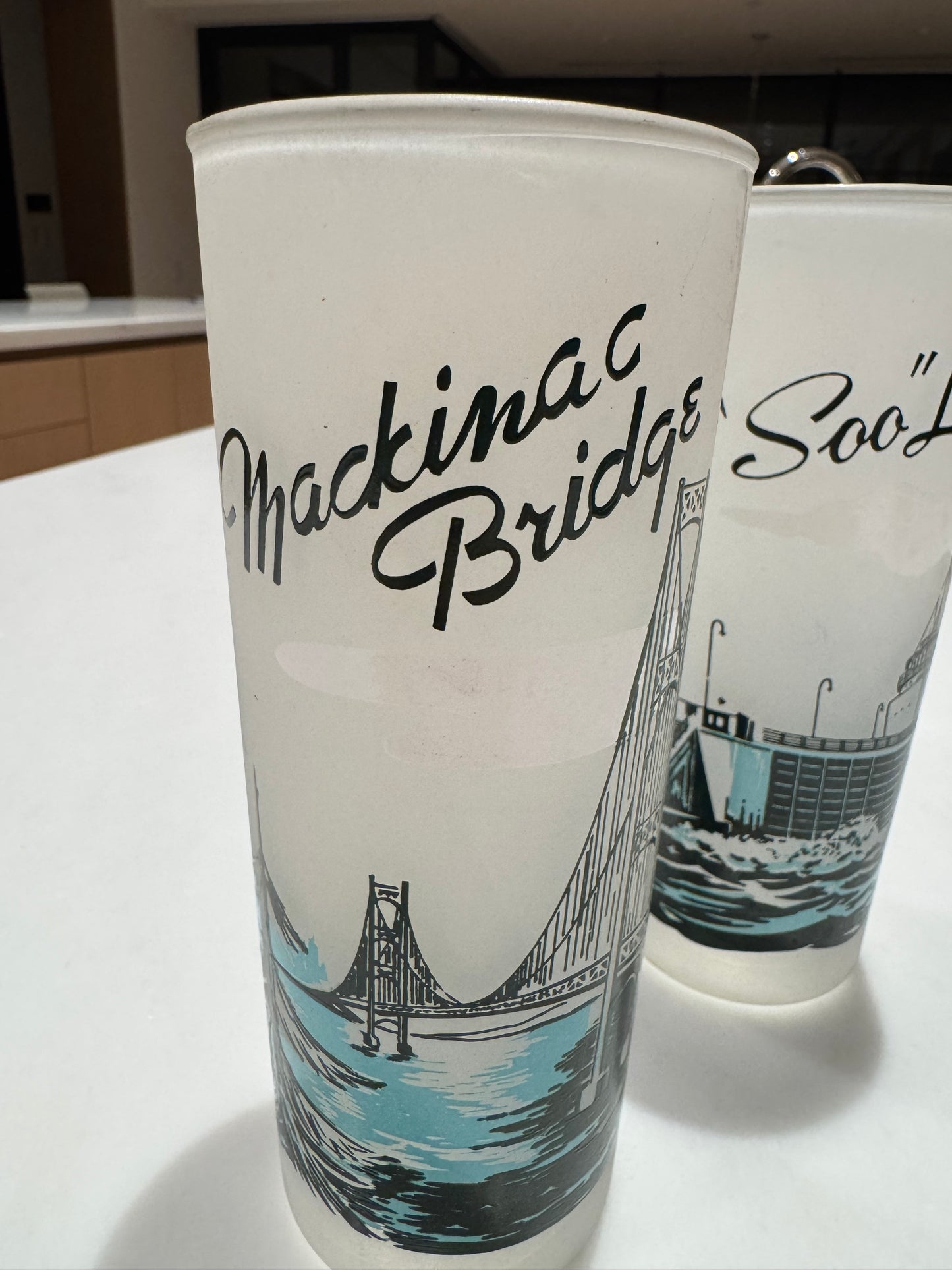 Vintage Souvenir MCM Drinking Glasses - Mackinac Bridge & "Soo" Loch in Michigan