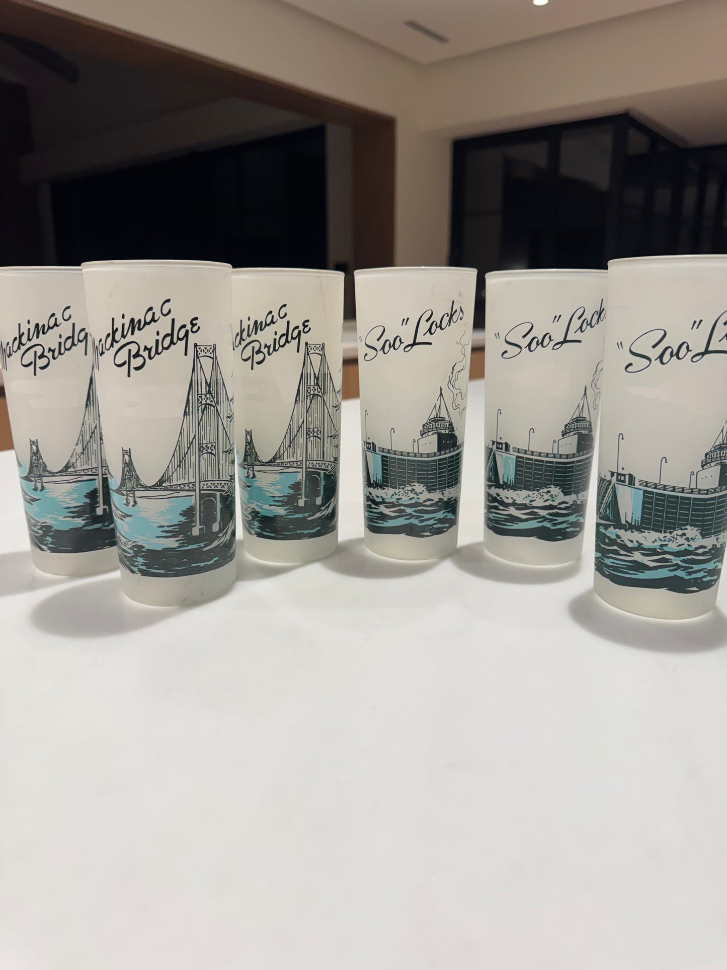 Vintage Souvenir MCM Drinking Glasses - Mackinac Bridge & "Soo" Loch in Michigan