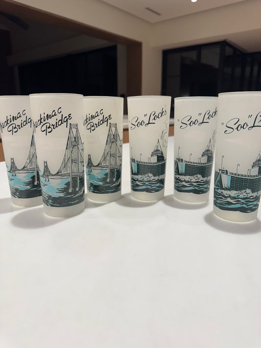 Vintage Souvenir MCM Drinking Glasses - Mackinac Bridge & "Soo" Loch in Michigan