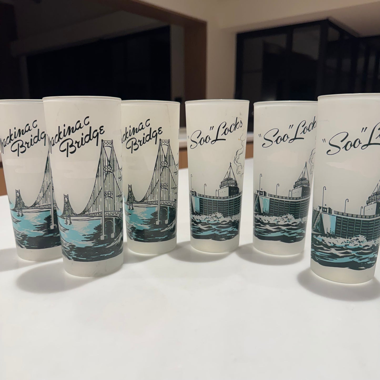 Vintage Souvenir MCM Drinking Glasses - Mackinac Bridge & "Soo" Loch in Michigan