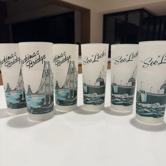 Vintage Souvenir MCM Drinking Glasses - Mackinac Bridge & "Soo" Loch in Michigan