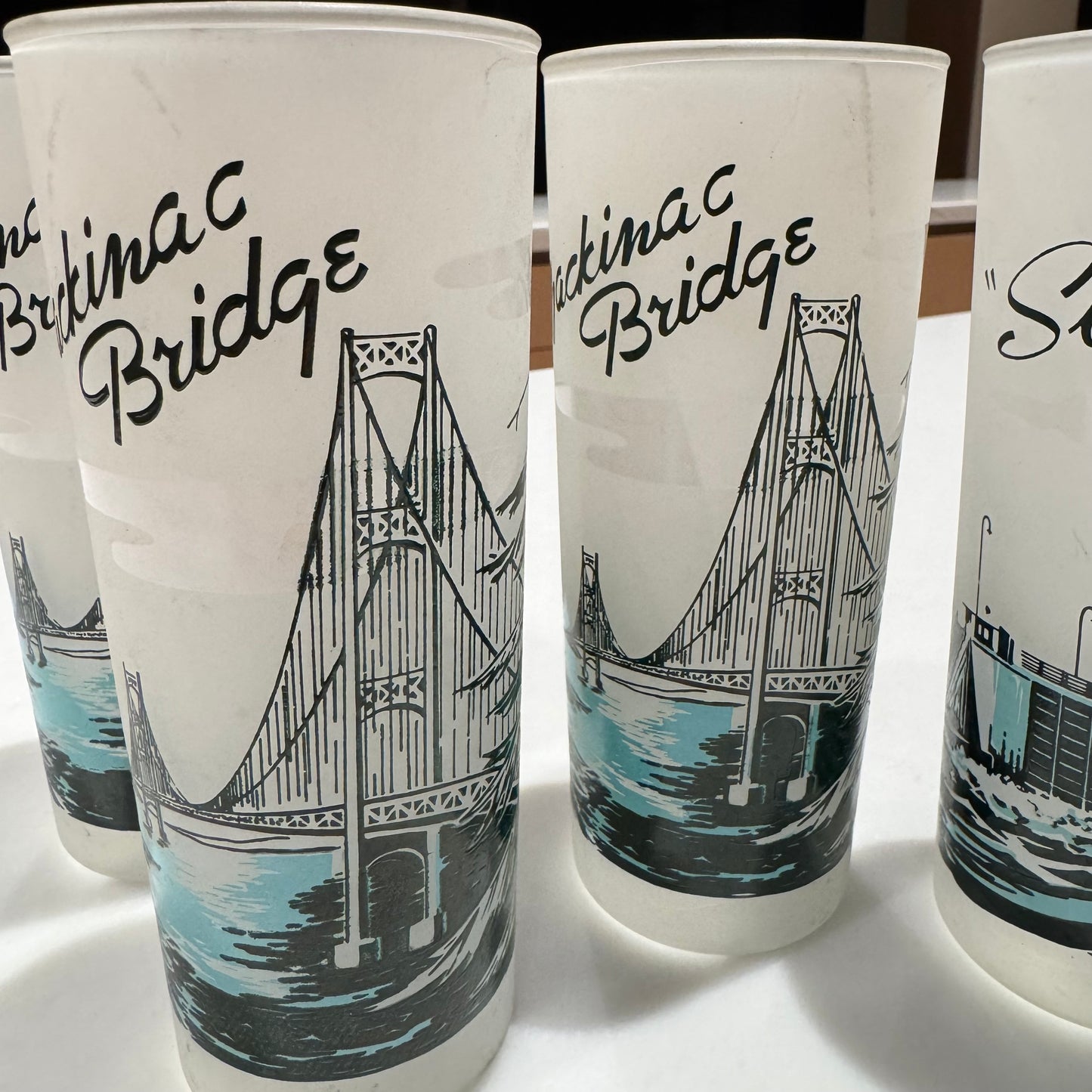 Vintage Souvenir MCM Drinking Glasses - Mackinac Bridge & "Soo" Loch in Michigan