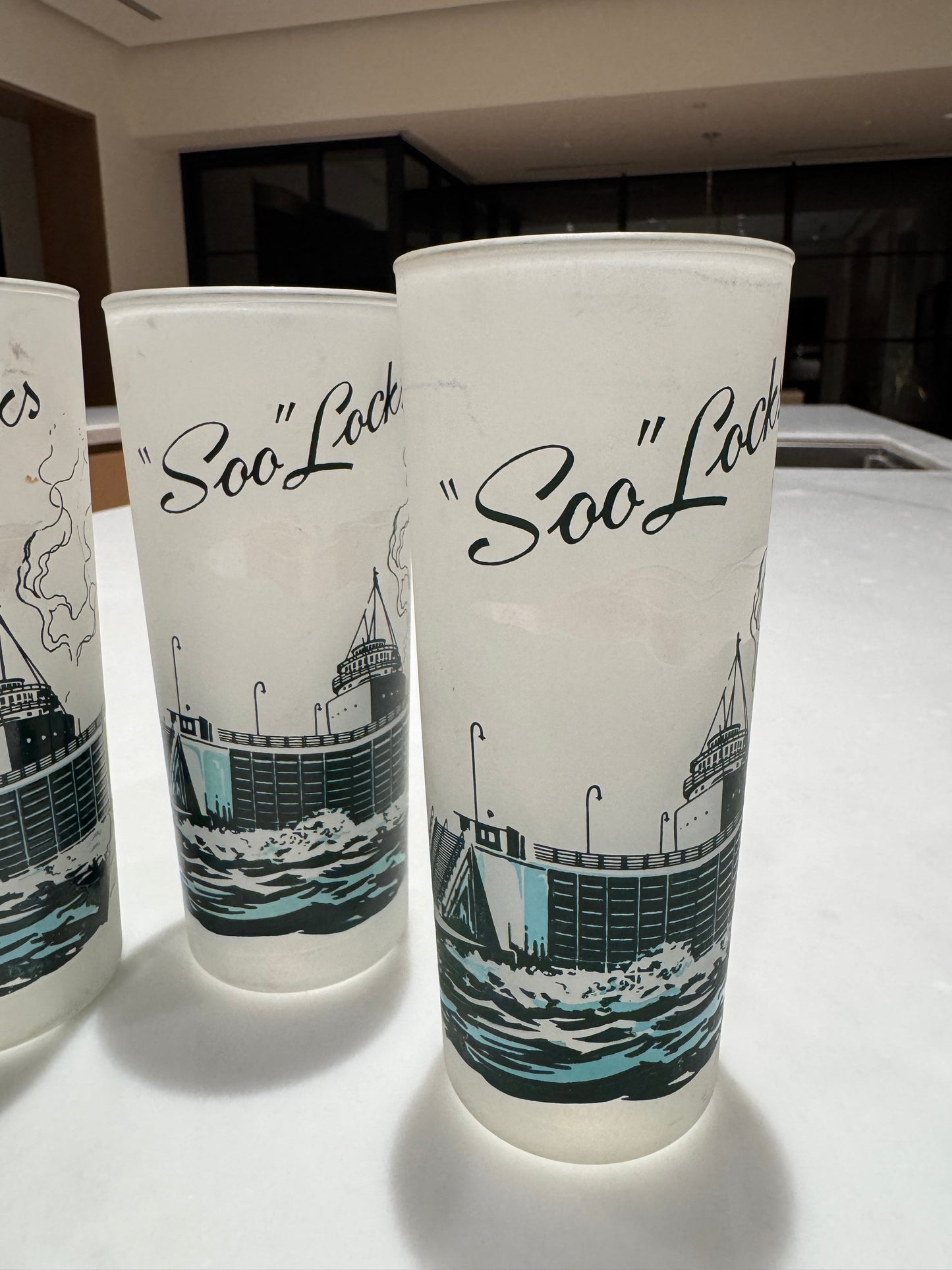 Vintage Souvenir MCM Drinking Glasses - Mackinac Bridge & "Soo" Loch in Michigan