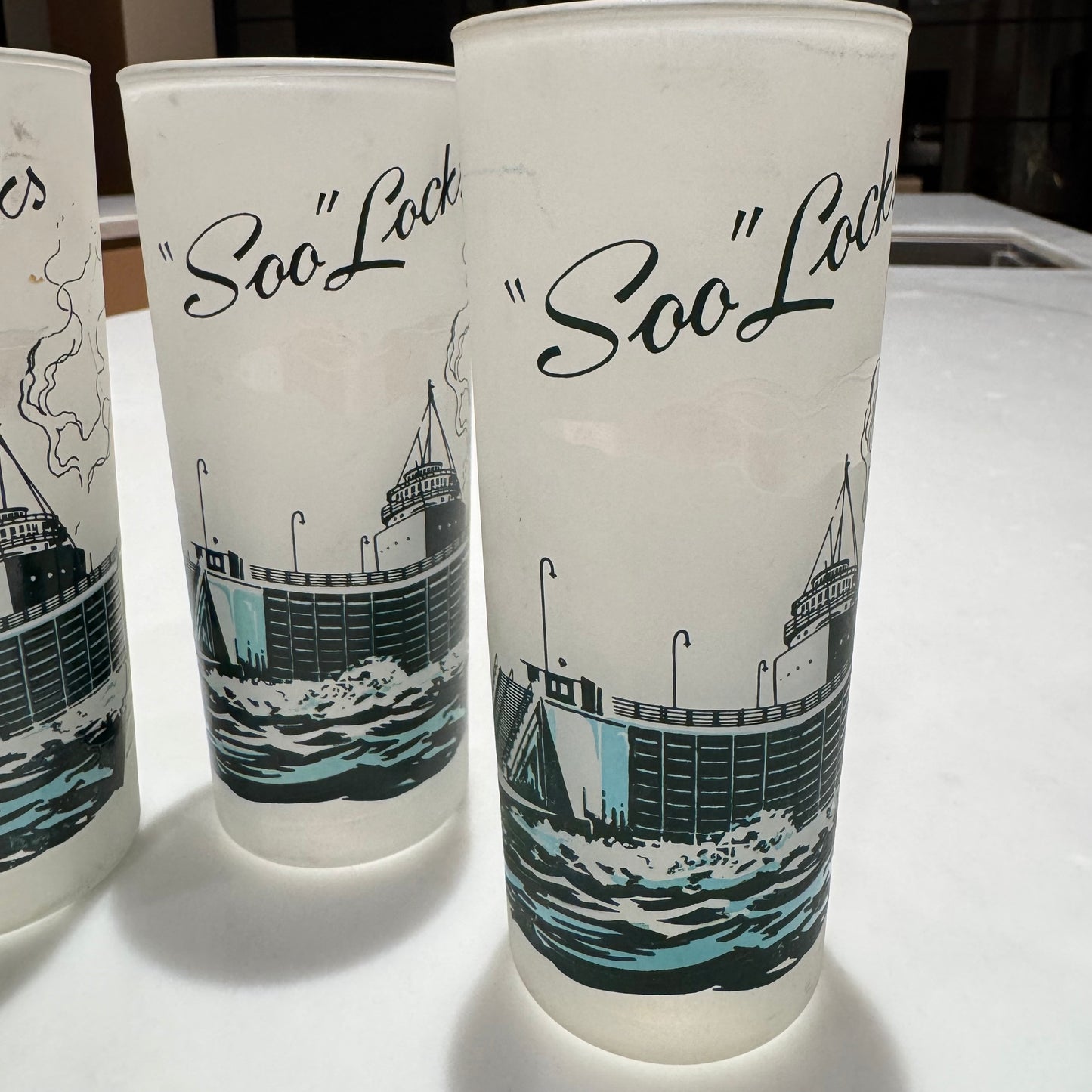 Vintage Souvenir MCM Drinking Glasses - Mackinac Bridge & "Soo" Loch in Michigan