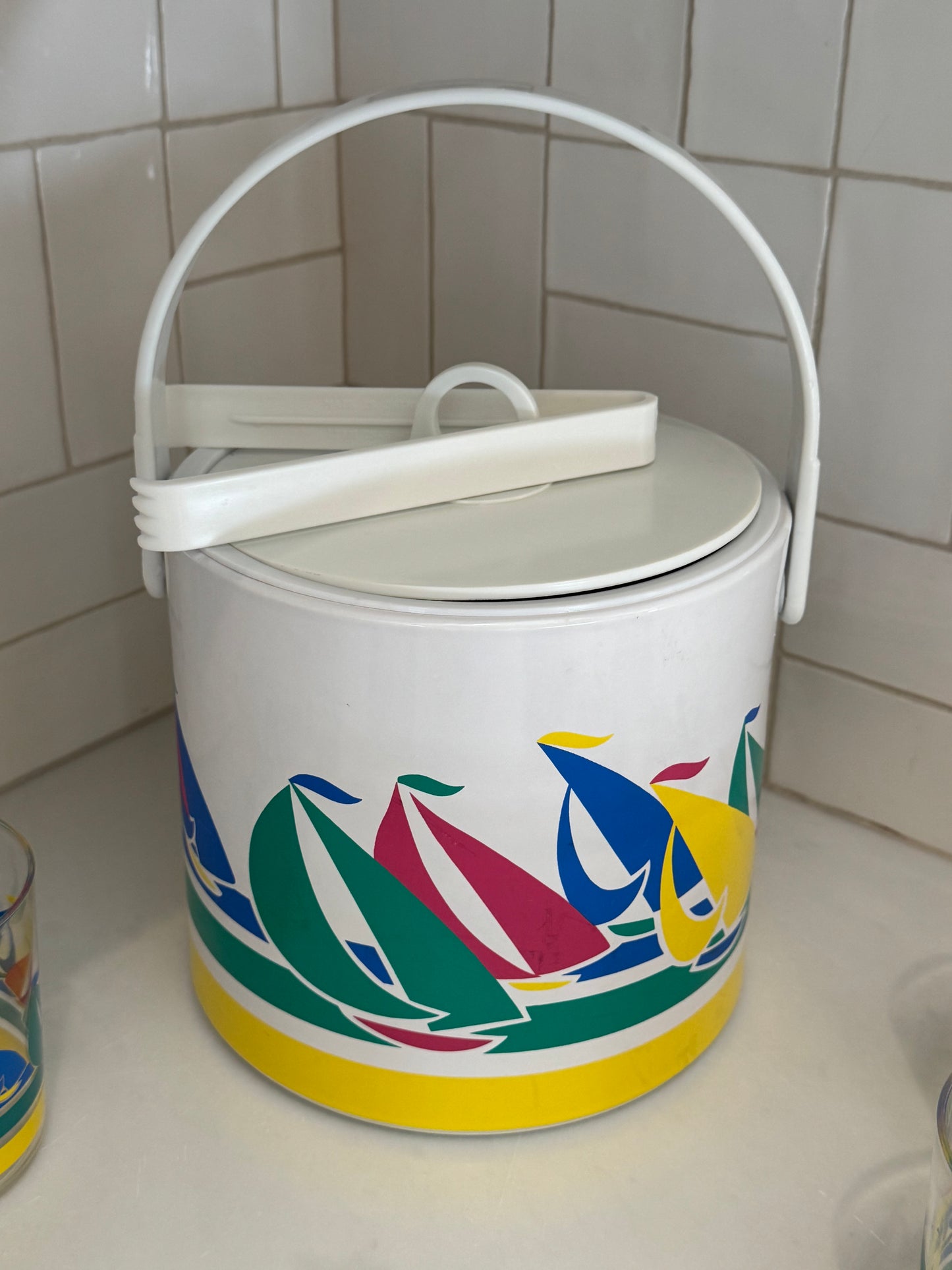 Vintage barware; Sailboat Ice Bucket, Tongs & Cups
