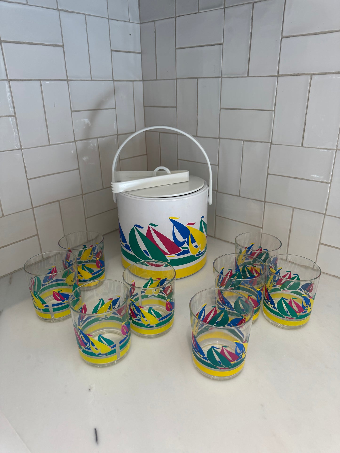 Vintage barware; Sailboat Ice Bucket, Tongs & Cups