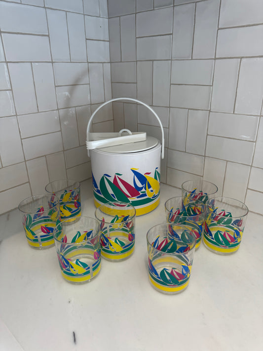 Vintage barware; Sailboat Ice Bucket, Tongs & Cups