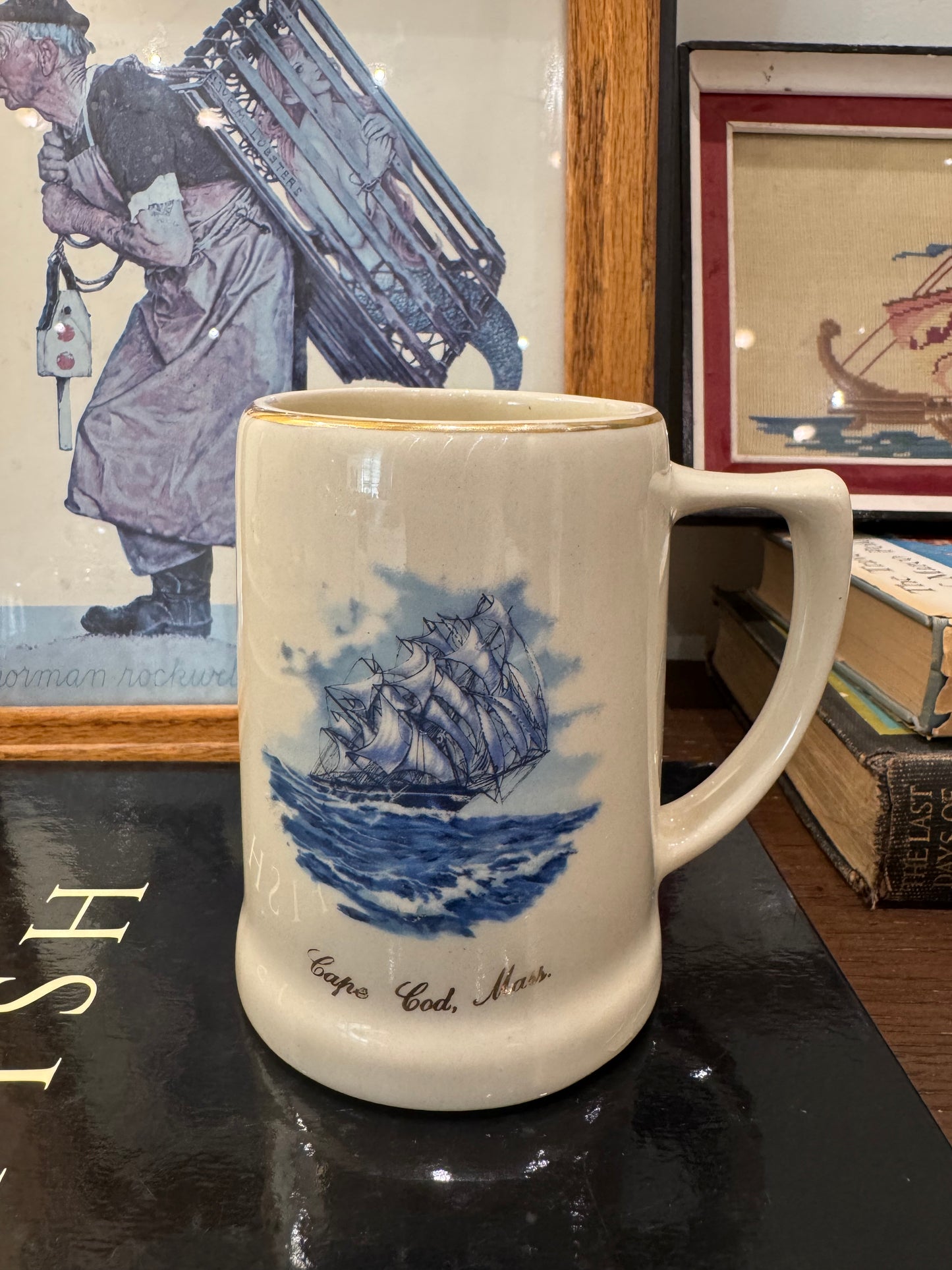 Vintage Cape Cod Massachusetts Mug, blue & ivory