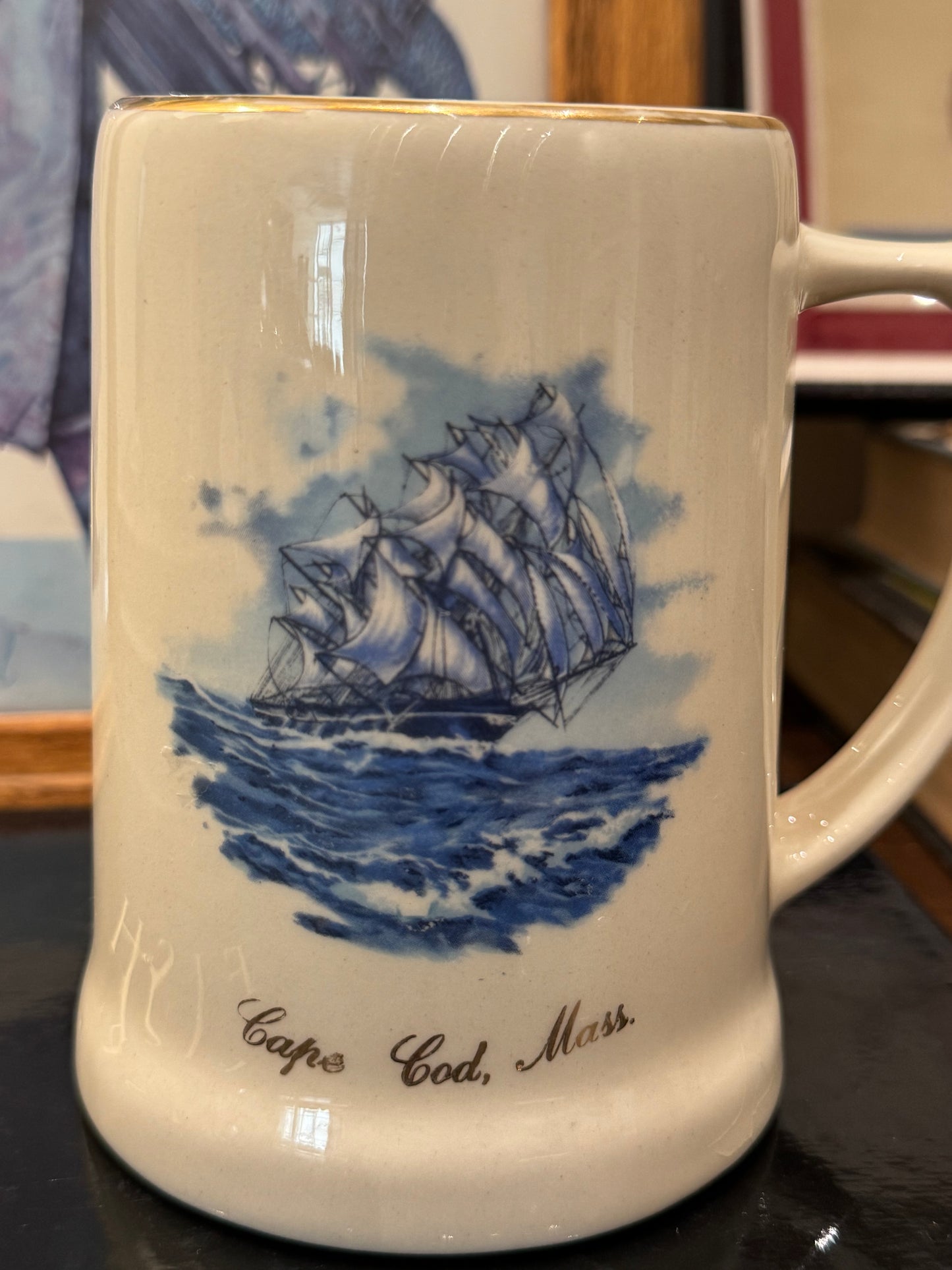 Vintage Cape Cod Massachusetts Mug, blue & ivory