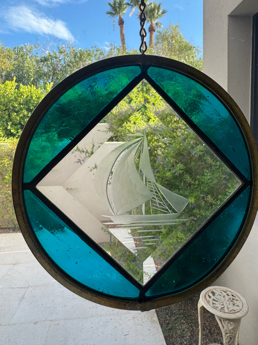 Vintage 1987 Beveled & Etched Stained Glass Sailboat Sun Catcher