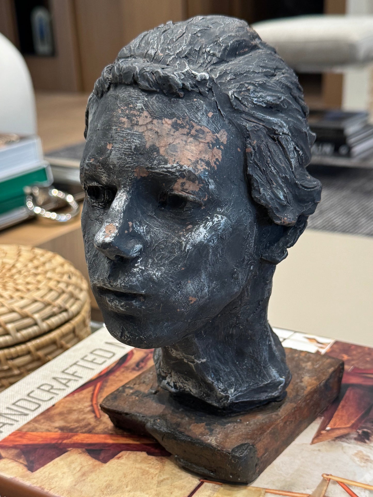 Vintage Mid Century Modern Female Bust - Sculpted Clay on a Primitive wood base