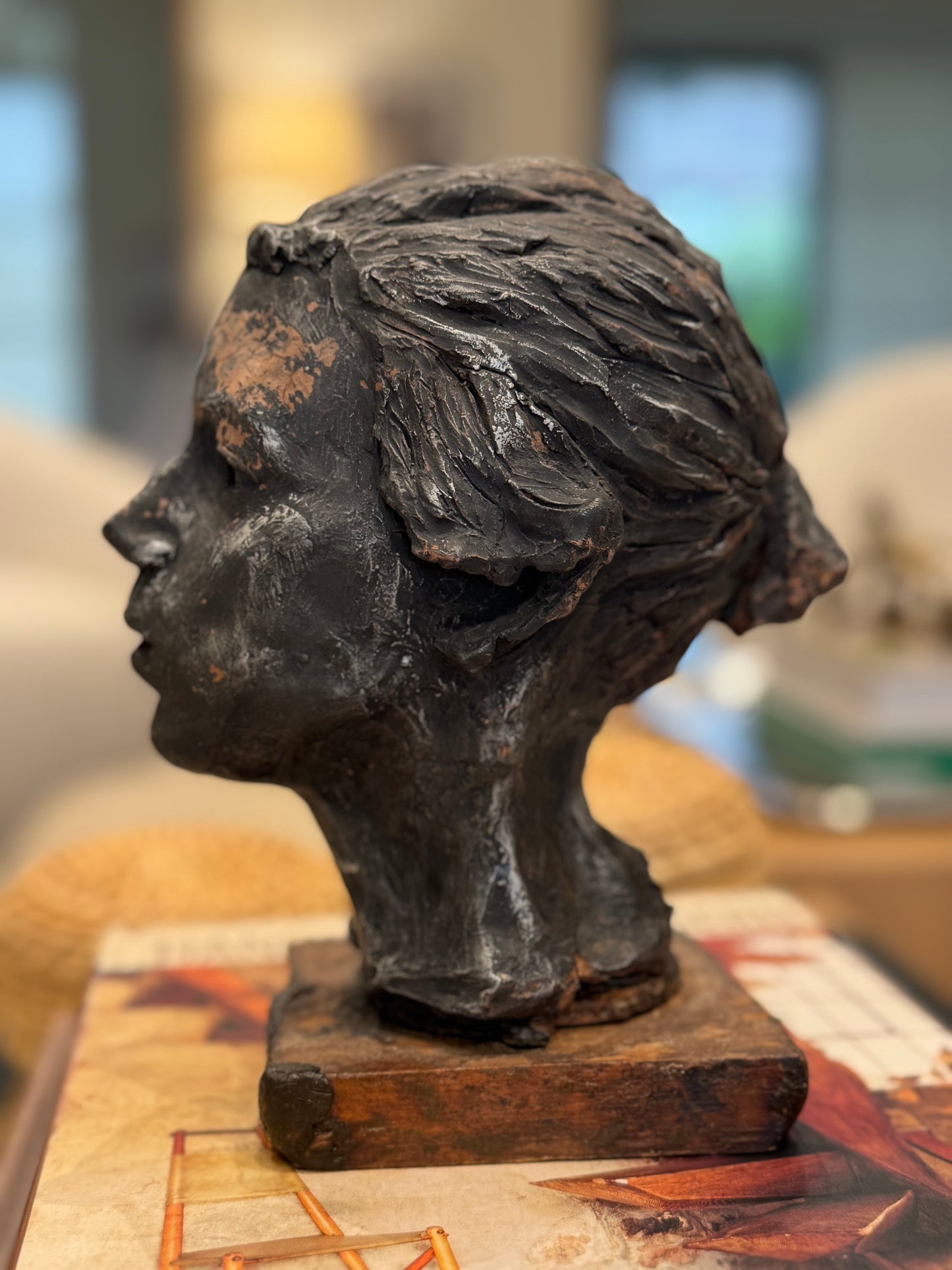 Vintage Mid Century Modern Female Bust - Sculpted Clay on a Primitive wood base