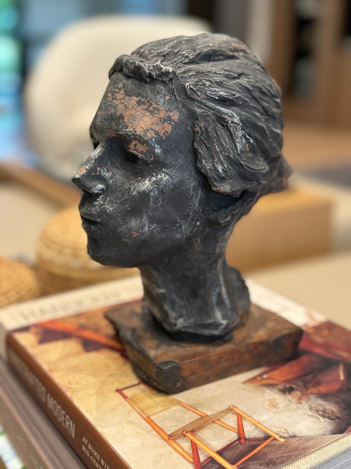 Vintage Mid Century Modern Female Bust - Sculpted Clay on a Primitive wood base