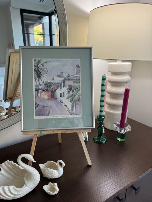 Vintage original watercolor painting signed by Carole Holding, Bermuda "Printer's Row"
