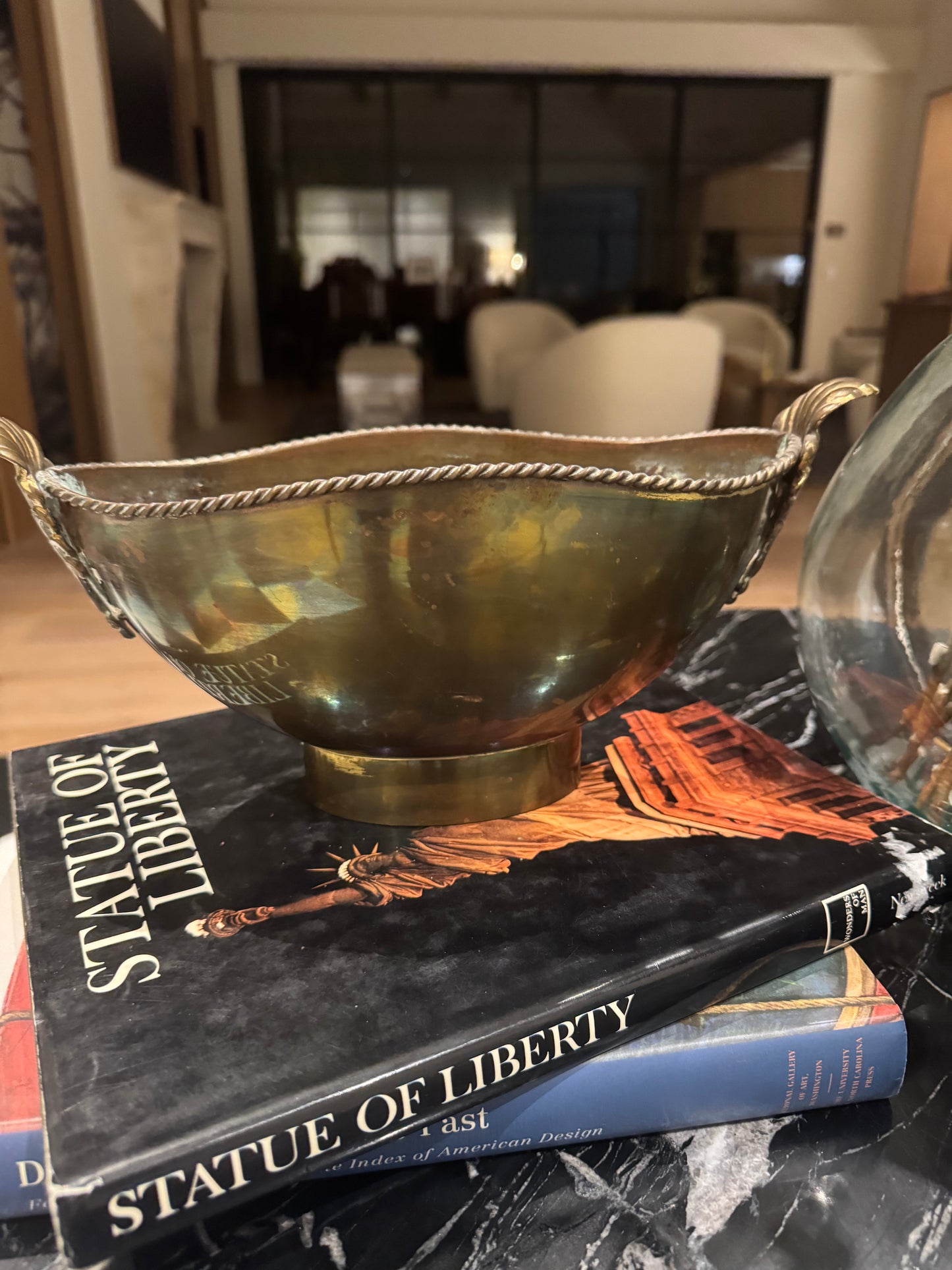 Vintage Oval Brass Pedestal Vessel, with Acanthus Handles