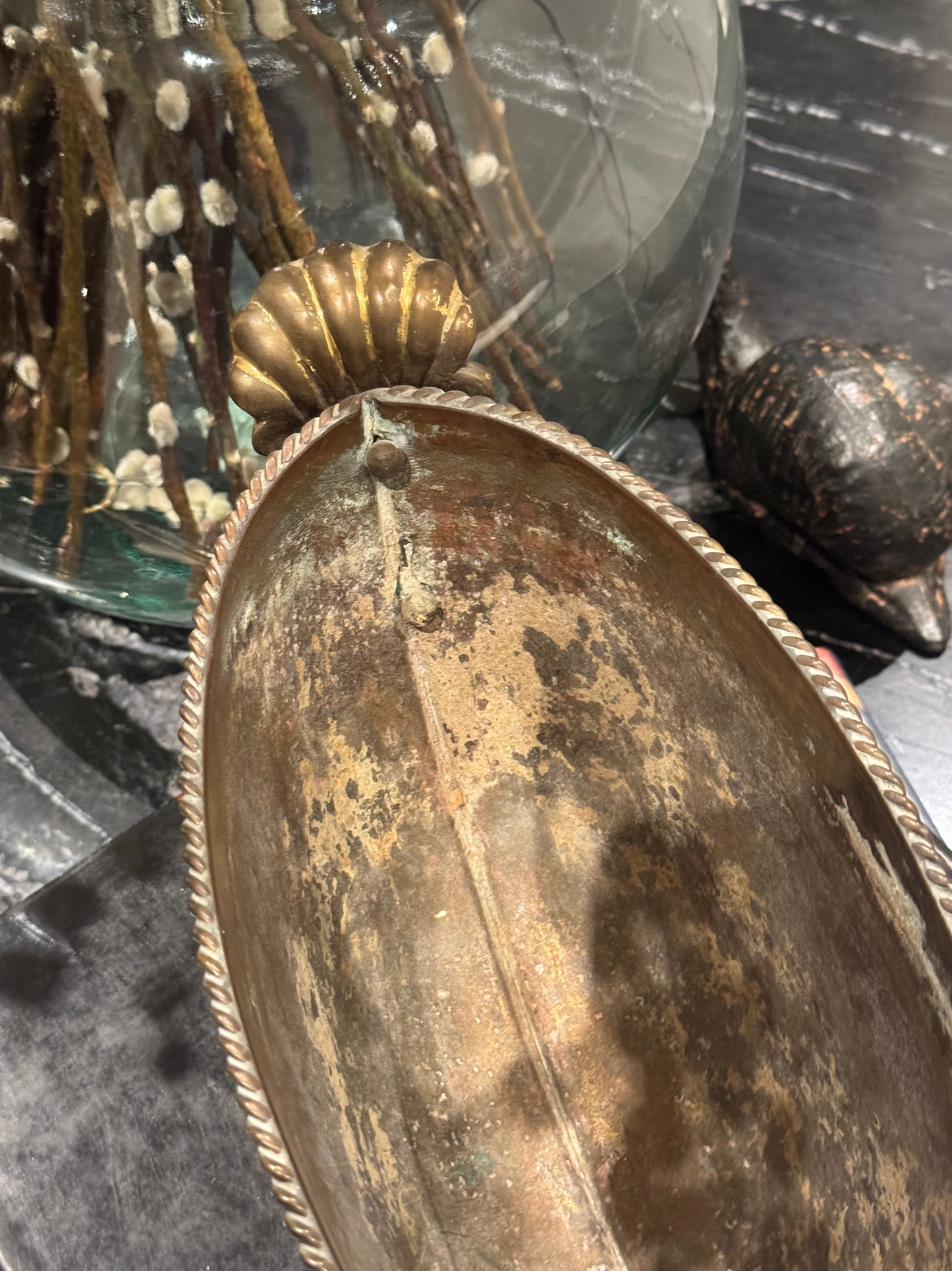 Vintage Oval Brass Pedestal Vessel, with Acanthus Handles