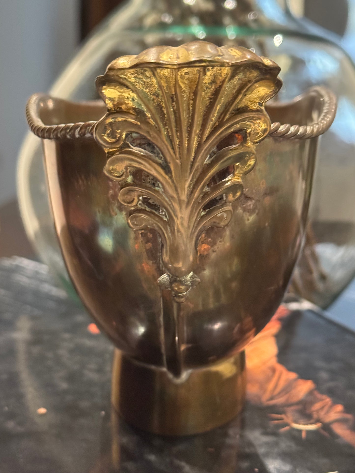 Vintage Oval Brass Pedestal Vessel, with Acanthus Handles