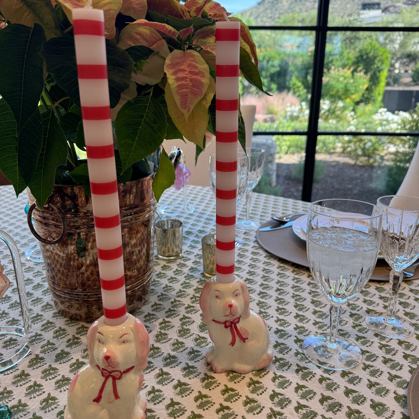 Set of 2 - Festive Stoneware Staffordshire Dog Candleholders