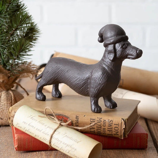 Dachshund Iron Figurine with Santa Hat