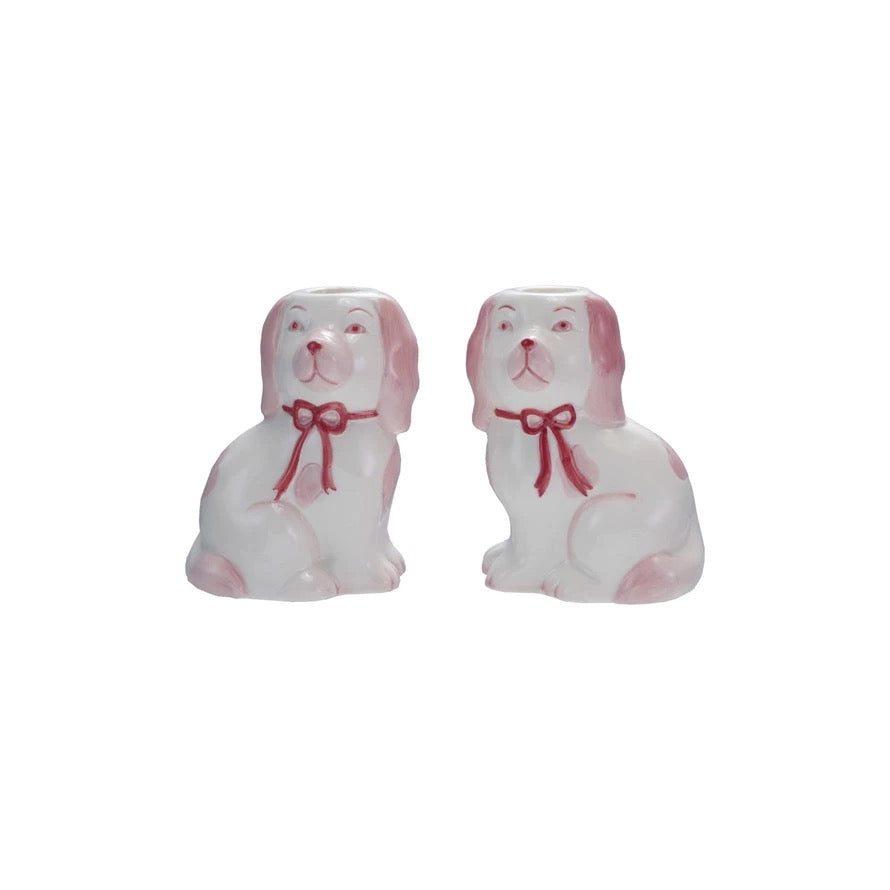 Set of 2 - Festive Stoneware Staffordshire Dog Candleholders