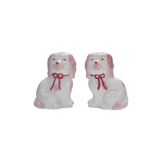 Set of 2 - Festive Stoneware Staffordshire Dog Candleholders