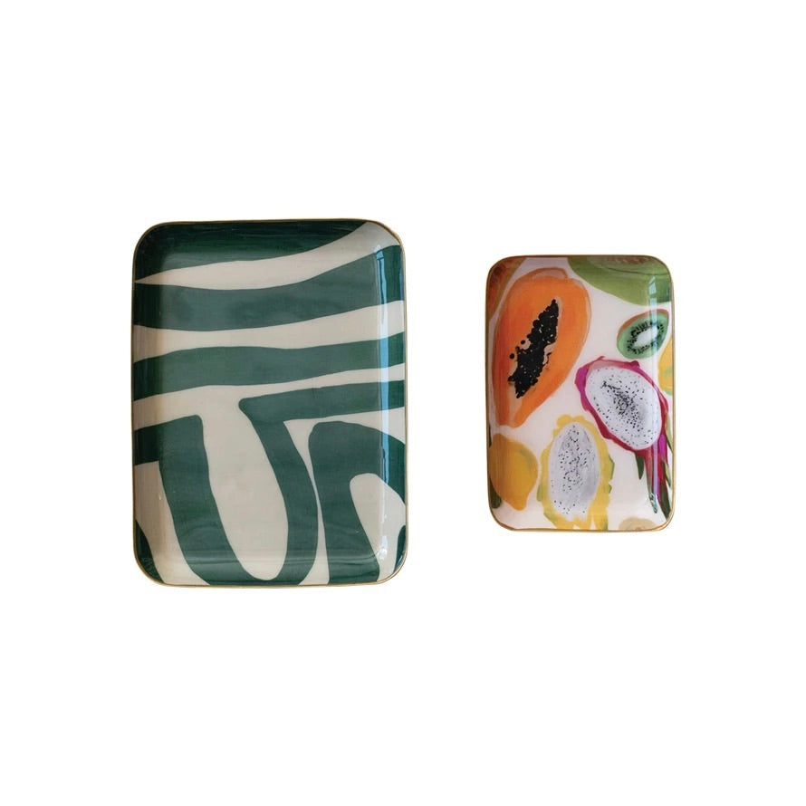 Set of 2 - Enameled Trays w/ Fruit & Abstract Image